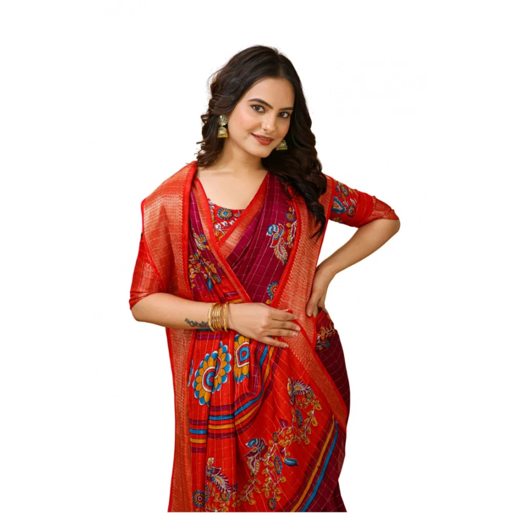 Women's Soft Dola Cotton Kalamkari Printed Saree With Unstitched Blouse 5.5Mtr (Maroon)