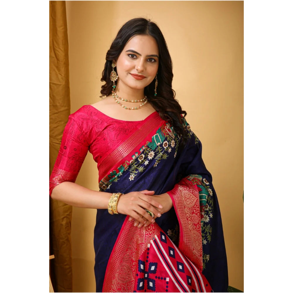 Women's Soft Dola Cotton Kalamkari Printed Saree With Unstitched Blouse 5.5Mtr (Navy Blue)