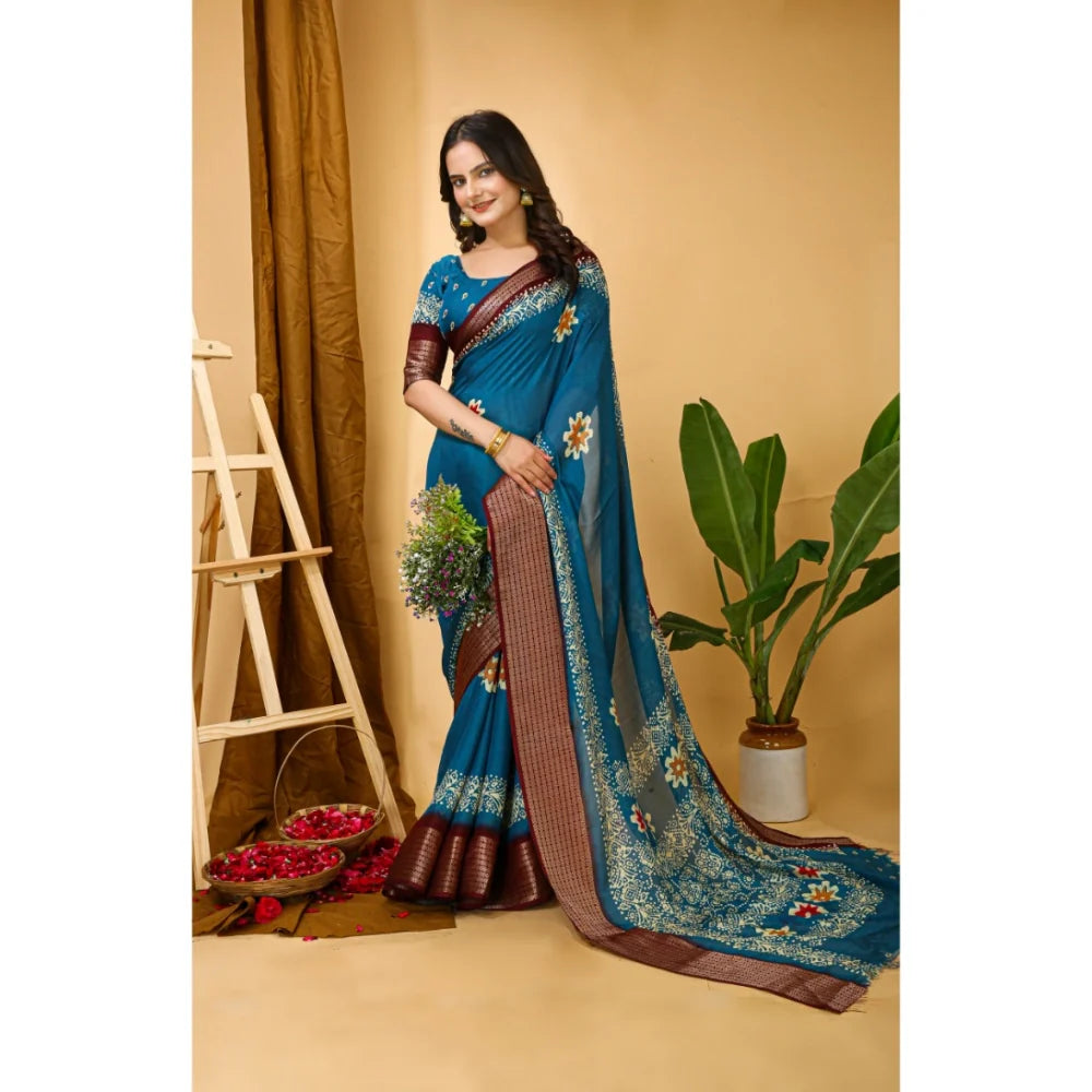 Women's Soft Blooming Marshmallow Fabric Kalamkari Printed Saree With Unstitched Blouse 5.5Mtr (Blue)