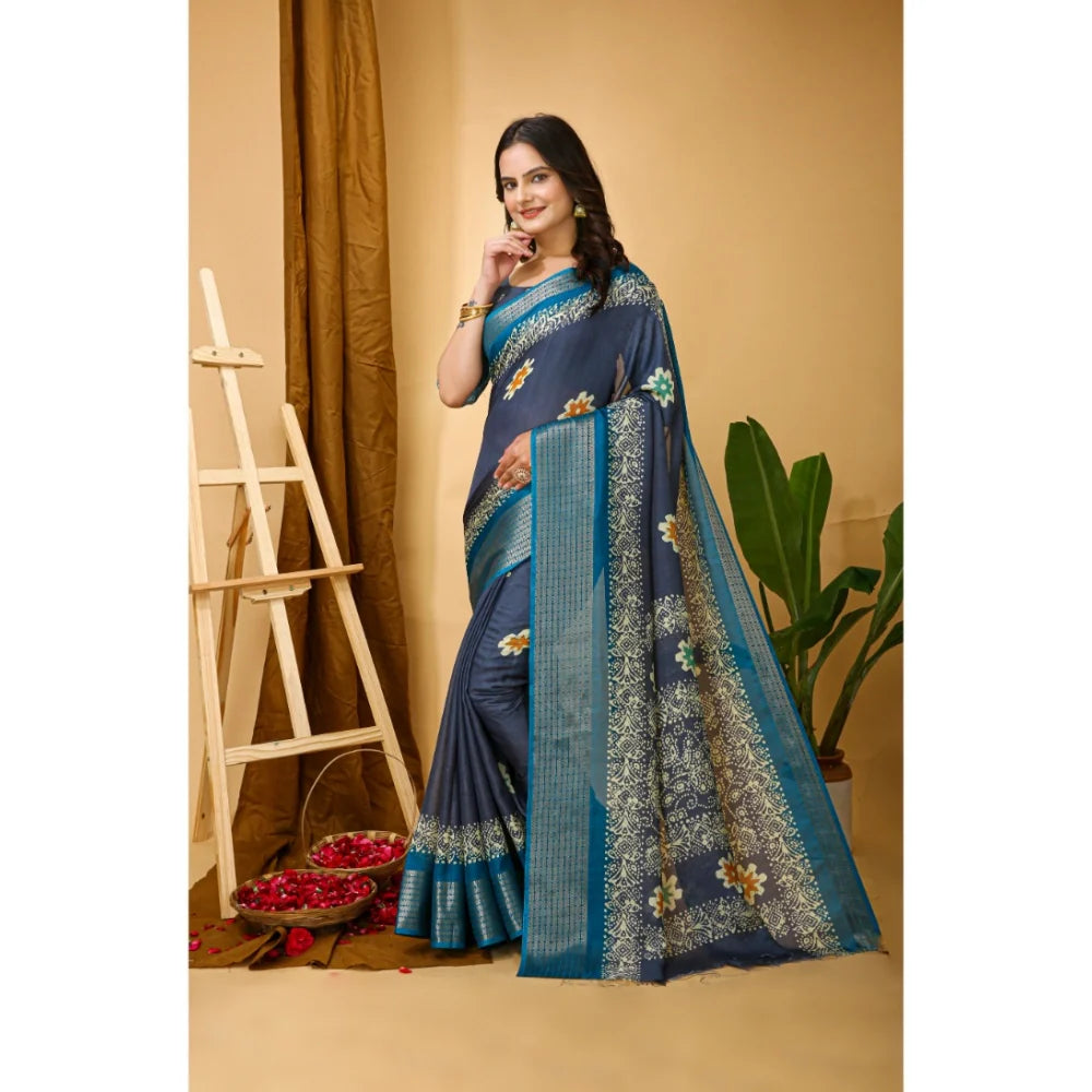 Women's Soft Blooming Marshmallow Fabric Kalamkari Printed Saree With Unstitched Blouse 5.5Mtr (Grey)