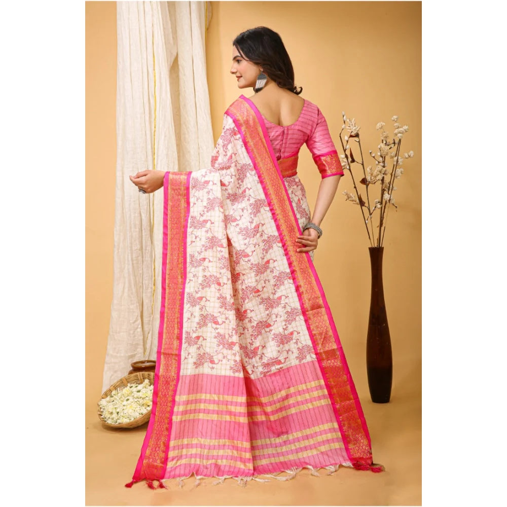 Women's Soft Cotton Silk Printed Saree With Unstitched Blouse 5.5Mtr (Pink)