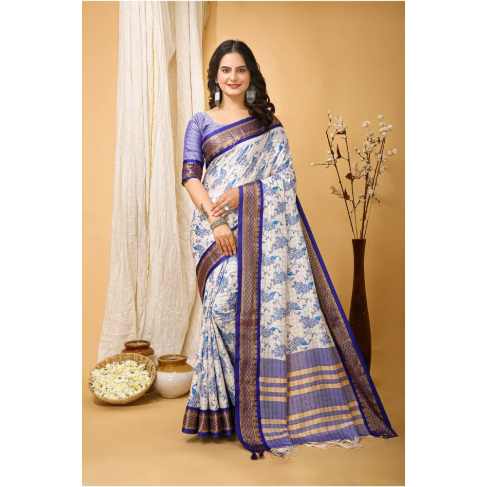 Women's Soft Cotton Silk Printed Saree With Unstitched Blouse 5.5Mtr (Purple)