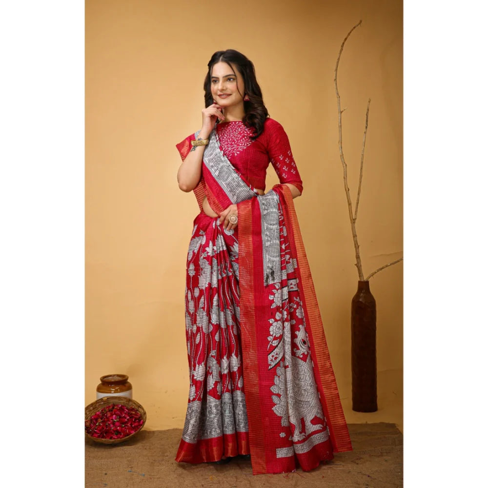 Women's Soft Handloom Cotton Kalamkari Printed Saree With Unstitched Blouse 5.5Mtr (Pink)