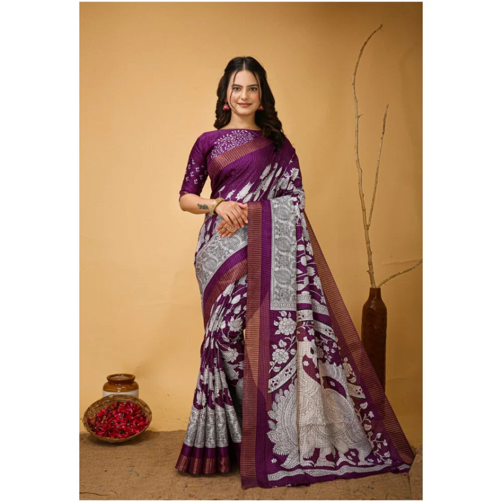 Women's Soft Handloom Cotton Kalamkari Printed Saree With Unstitched Blouse 5.5Mtr (Purple)