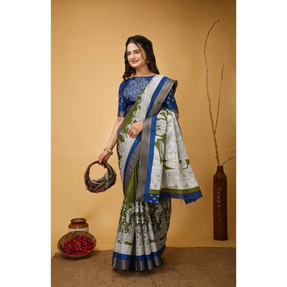 Women's Soft Handloom Cotton Kalamkari Printed Saree With Unstitched Blouse 5.5Mtr (Mehendi)