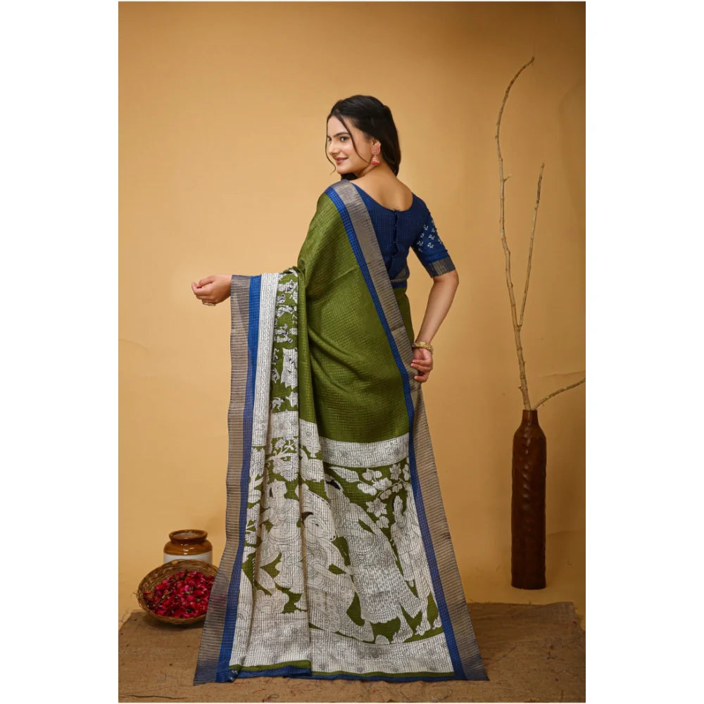 Women's Soft Handloom Cotton Kalamkari Printed Saree With Unstitched Blouse 5.5Mtr (Mehendi)
