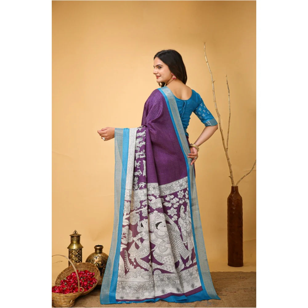 Women's Soft Handloom Cotton Kalamkari Printed Saree With Unstitched Blouse 5.5Mtr (Purple)