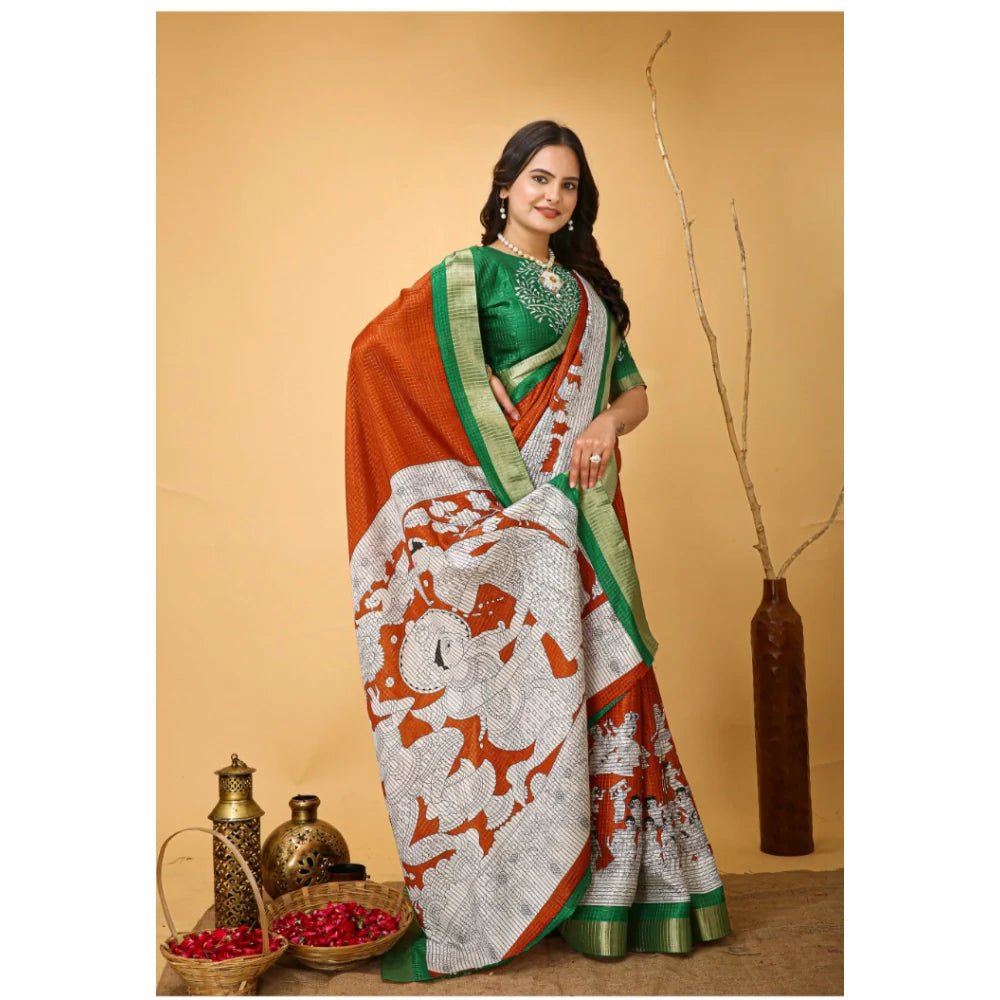 Women's Soft Handloom Cotton Kalamkari Printed Saree With Unstitched Blouse 5.5Mtr (Orange)