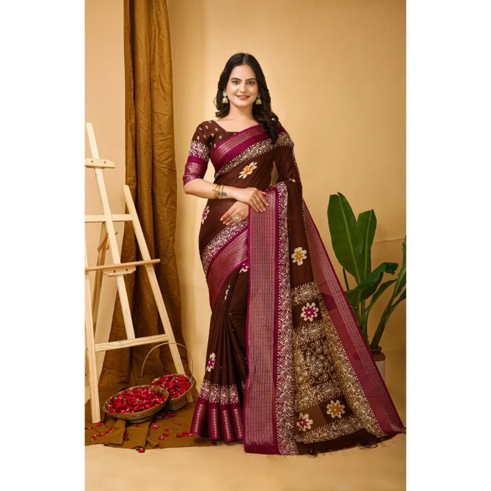 Women's Soft Blooming Marshmallow Fabric Kalamkari Printed Saree With Unstitched Blouse 5.5Mtr (Maroon)