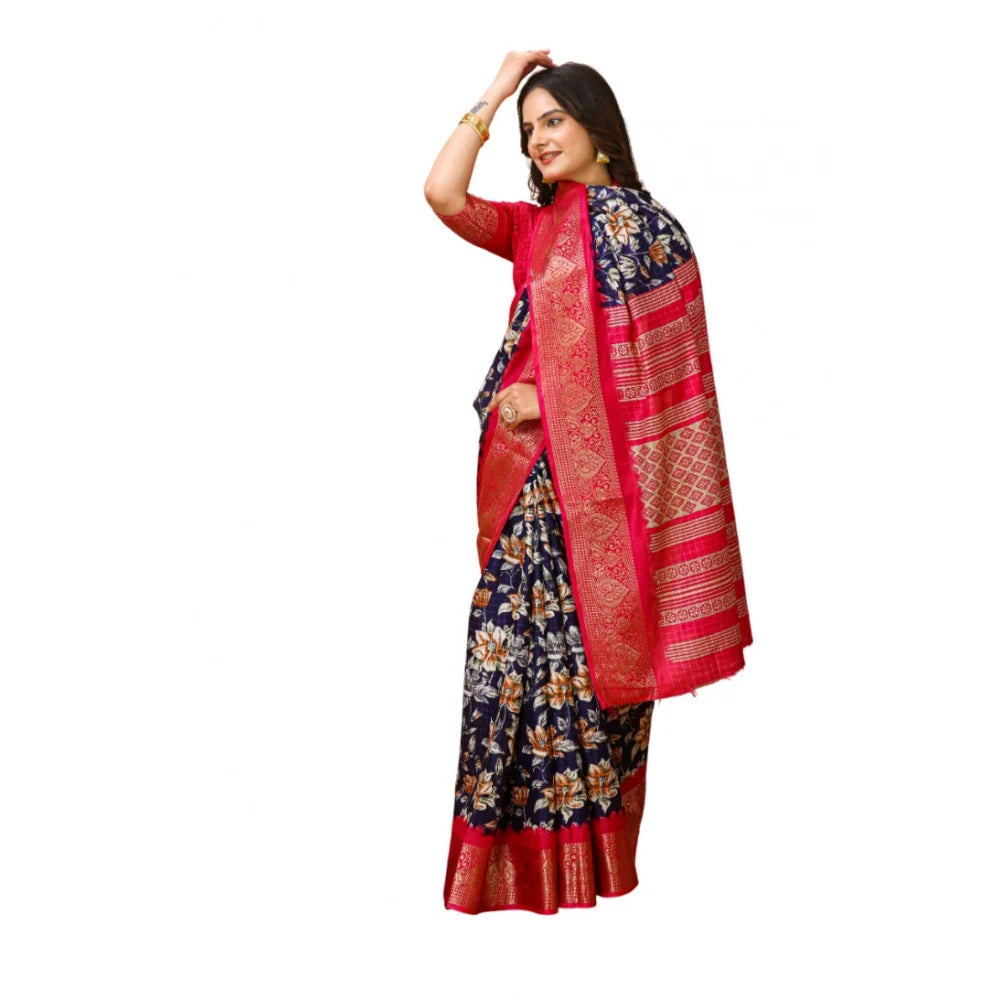 Women's Soft Dola Cotton Kalamkari Printed Saree With Unstitched Blouse 5.5Mtr (Navy Blue)