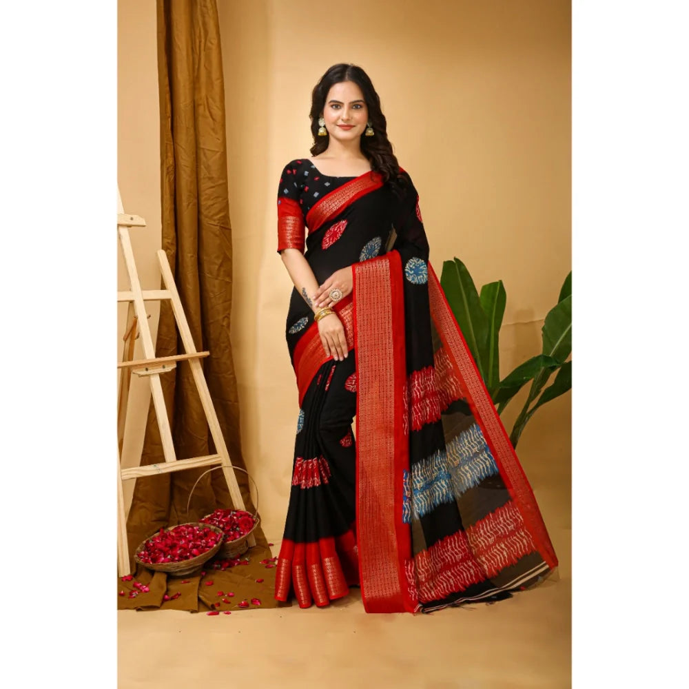 Women's Soft Blooming Marshmallow Fabric Kalamkari Printed Saree With Unstitched Blouse 5.5Mtr (Black)