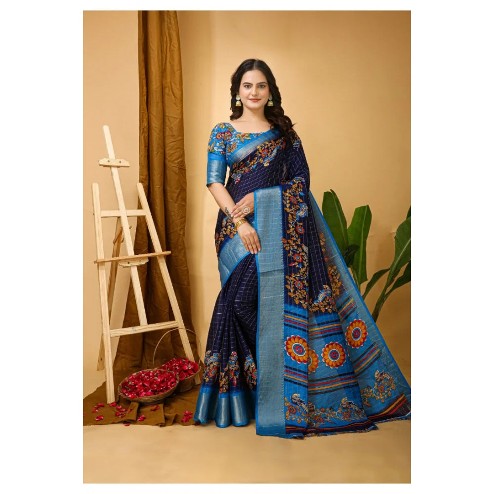 Women's Soft Dola Cotton Kalamkari Printed Saree With Unstitched Blouse 5.5Mtr (Navy Blue)