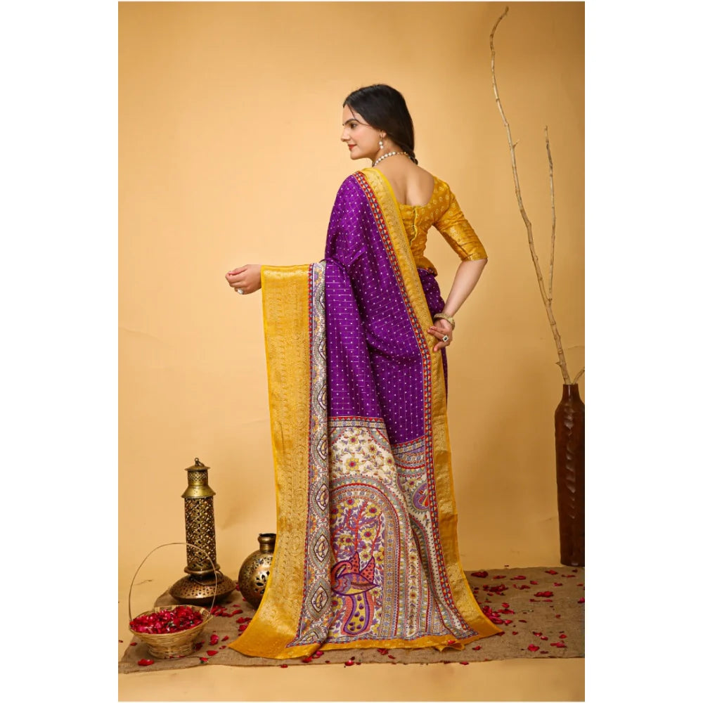 Women's Soft Dola Cotton Kalamkari Printed Saree With Unstitched Blouse 5.5Mtr (Purple)