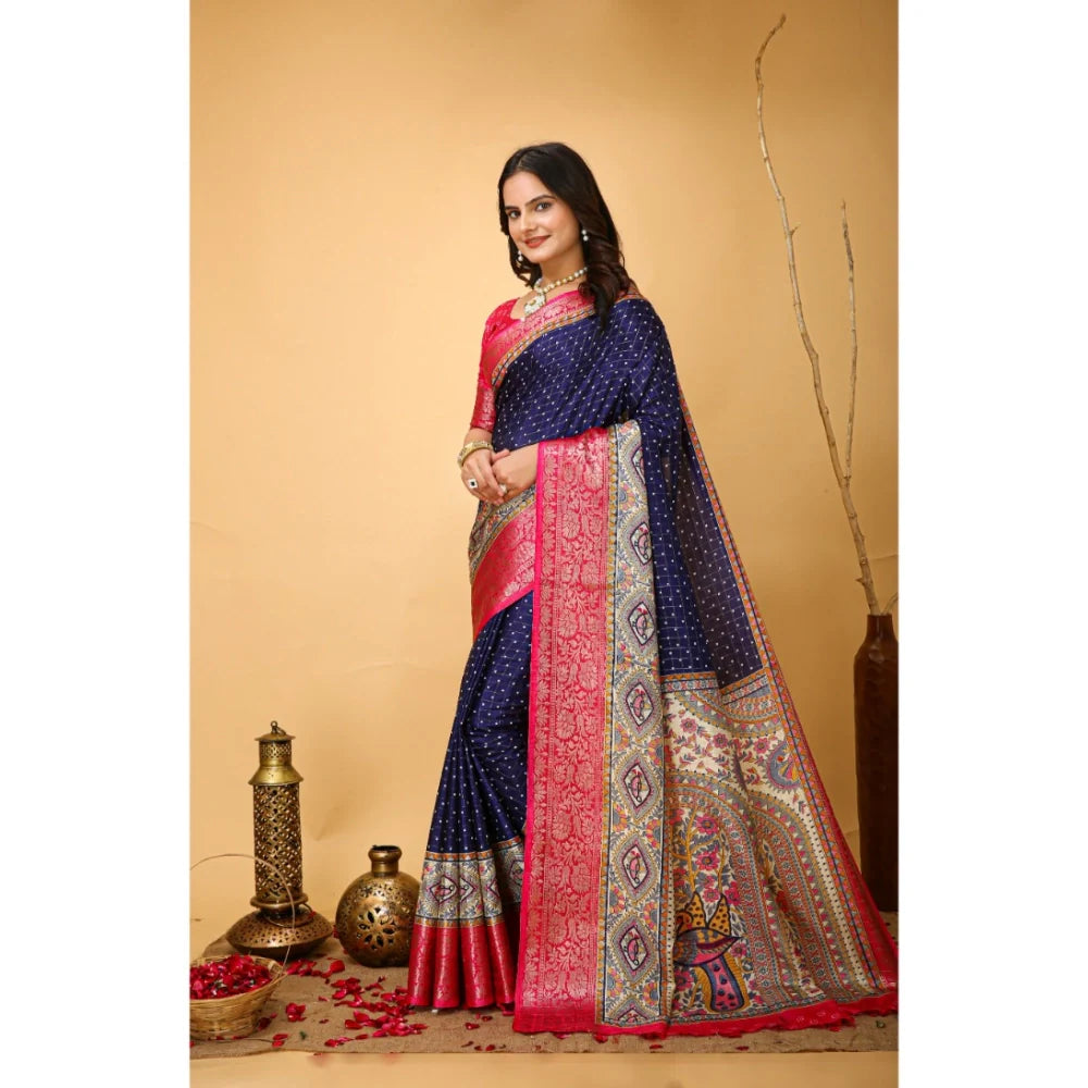Women's Soft Dola Cotton Kalamkari Printed Saree With Unstitched Blouse 5.5Mtr (Navy Blue)