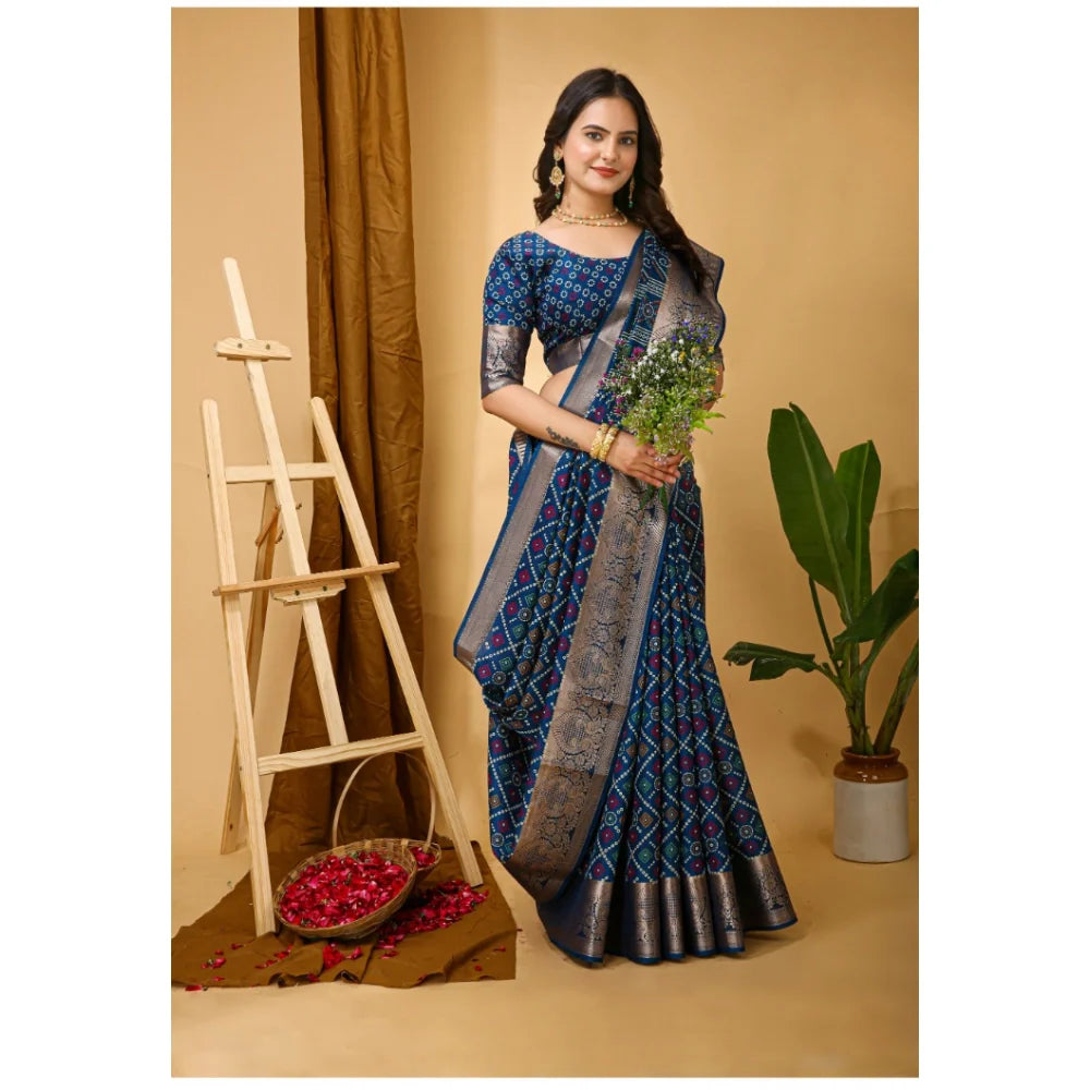 Women's Soft Dola Cotton Kalamkari Printed Saree With Unstitched Blouse 5.5Mtr (Blue)