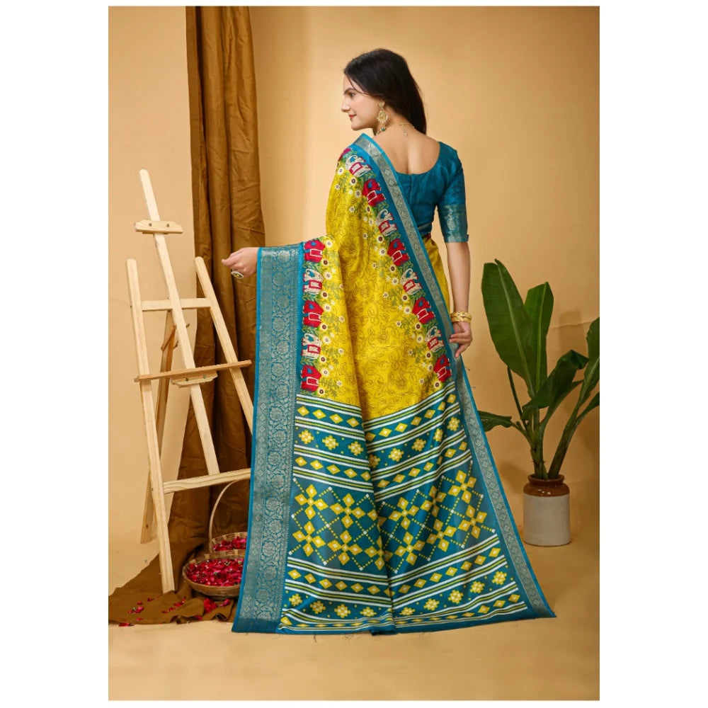 Women's Soft Dola Cotton Kalamkari Printed Saree With Unstitched Blouse 5.5Mtr (Yellow)