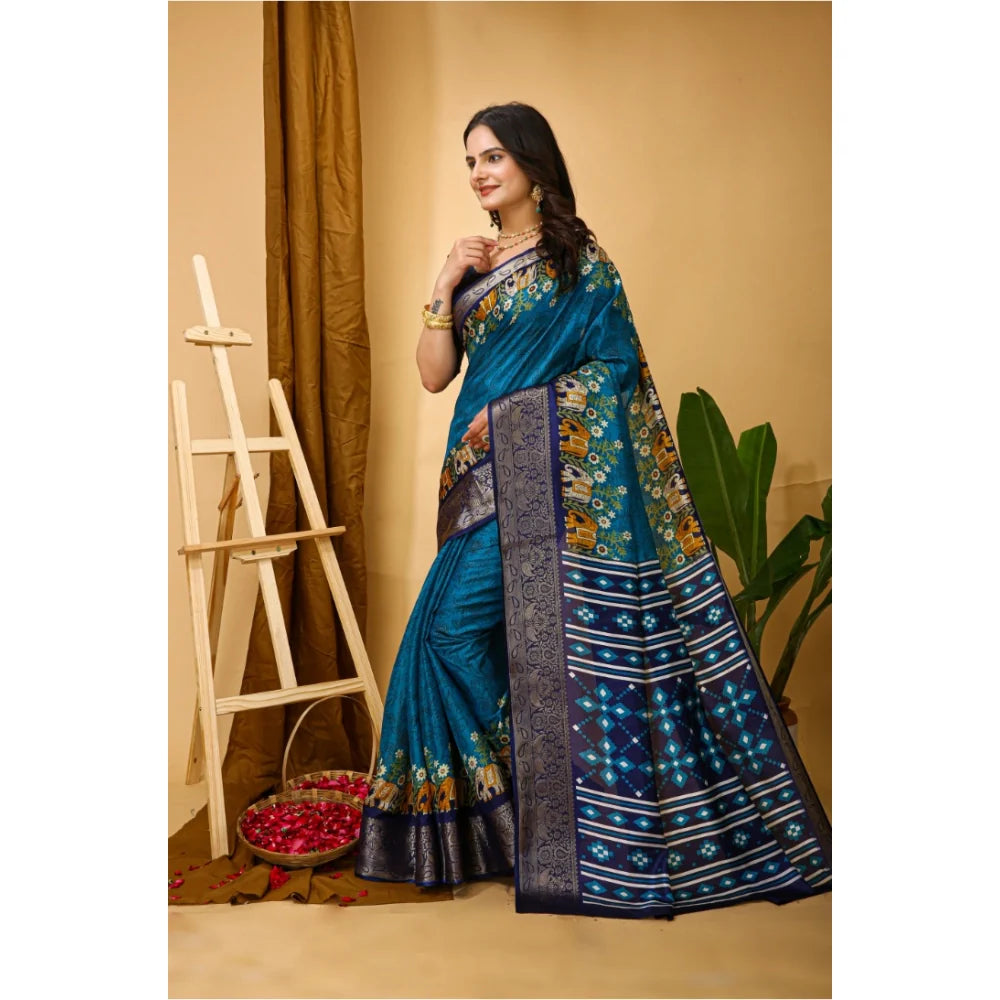 Women's Soft Dola Cotton Kalamkari Printed Saree With Unstitched Blouse 5.5Mtr (Blue)