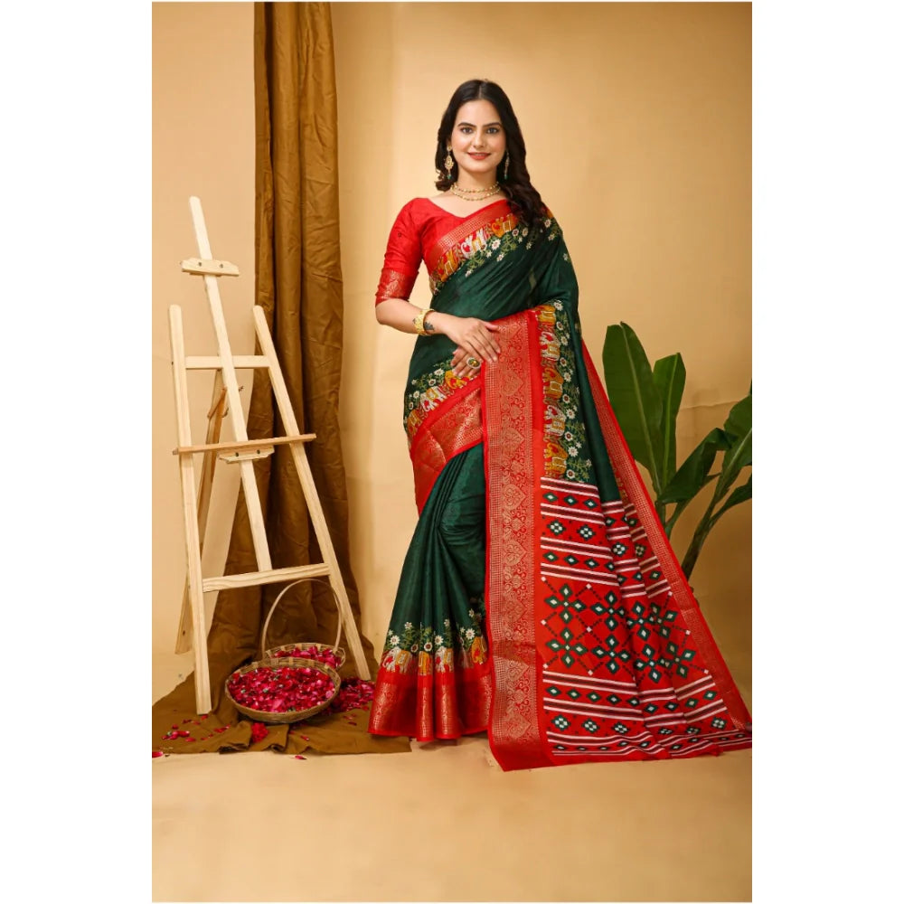 Women's Soft Dola Cotton Kalamkari Printed Saree With Unstitched Blouse 5.5Mtr (Green)