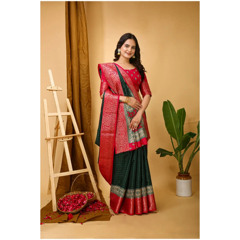 Women's Soft Dola Cotton Kalamkari Printed Saree With Unstitched Blouse 5.5Mtr (B.Green)