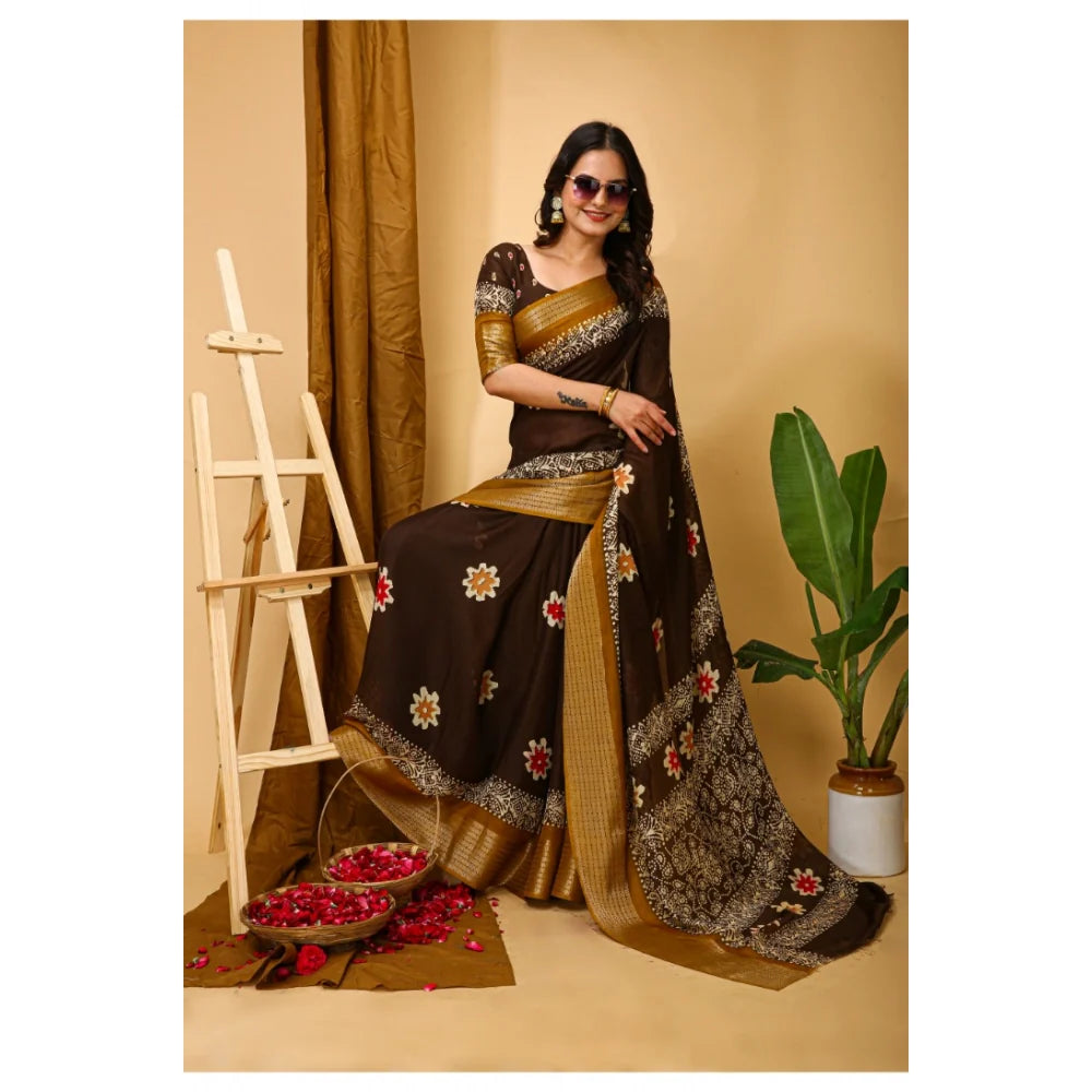 Women's Soft Blooming Marshmallow Fabric Kalamkari Printed Saree With Unstitched Blouse 5.5Mtr (Brown)