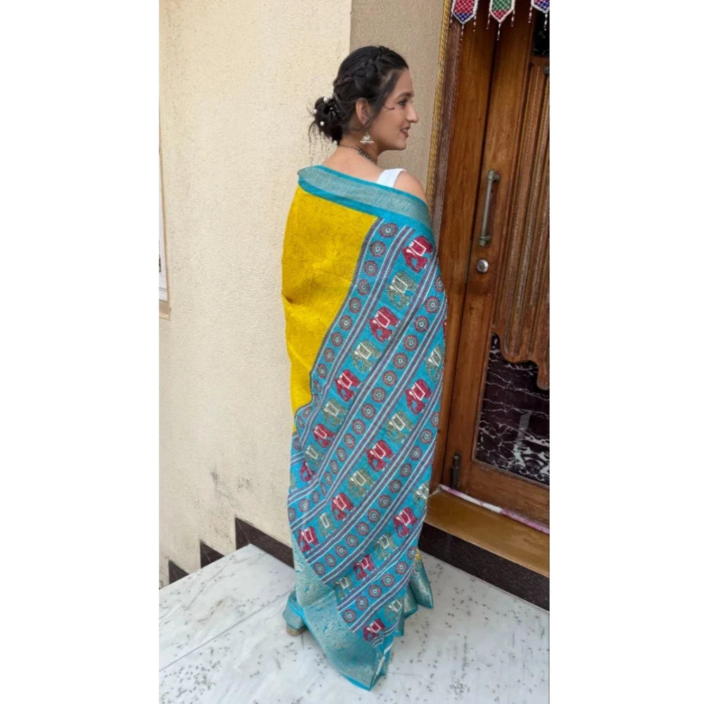 Women's Soft Dola Cotton Kalamkari Printed Saree With Unstitched Blouse 5.5Mtr (Mustard)