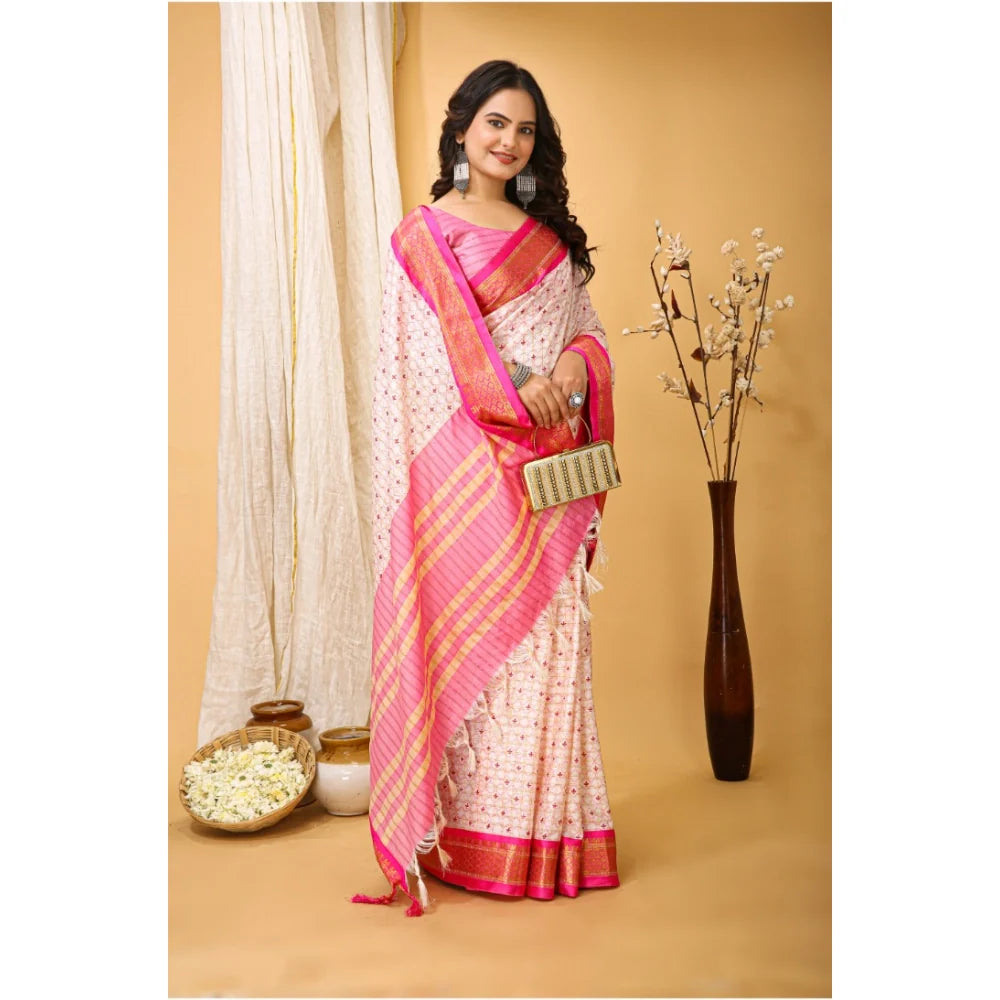 Women's Soft Cotton Silk Printed Saree With Unstitched Blouse 5.5Mtr (Pink)