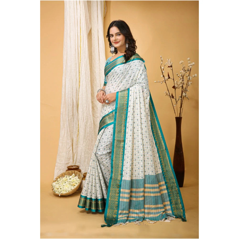 Women's Soft Cotton Silk Printed Saree With Unstitched Blouse 5.5Mtr (Rama Green)