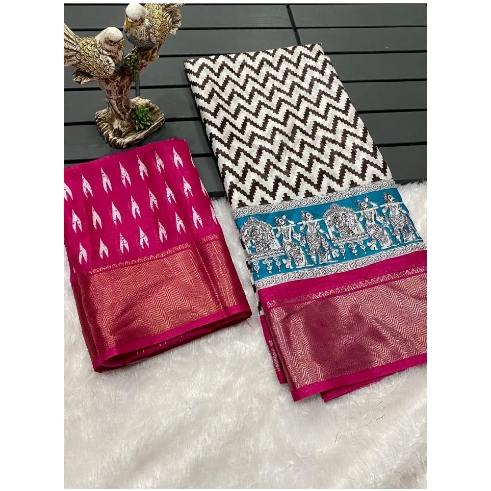 Women's Soft Dola Cotton Kalamkari Printed Saree With Unstitched Blouse 5.5Mtr (Pink)