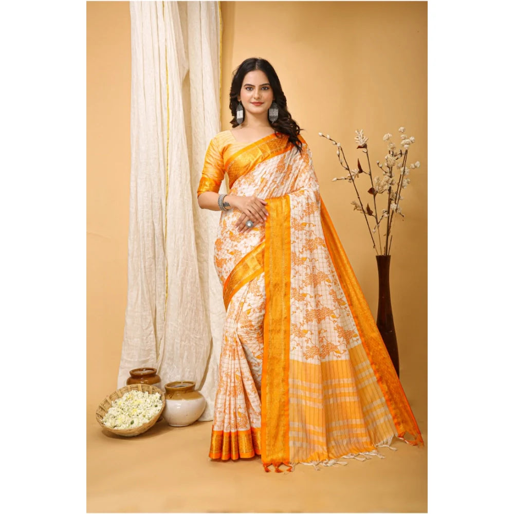 Women's Soft Cotton Silk Printed Saree With Unstitched Blouse 5.5Mtr (Yellow)