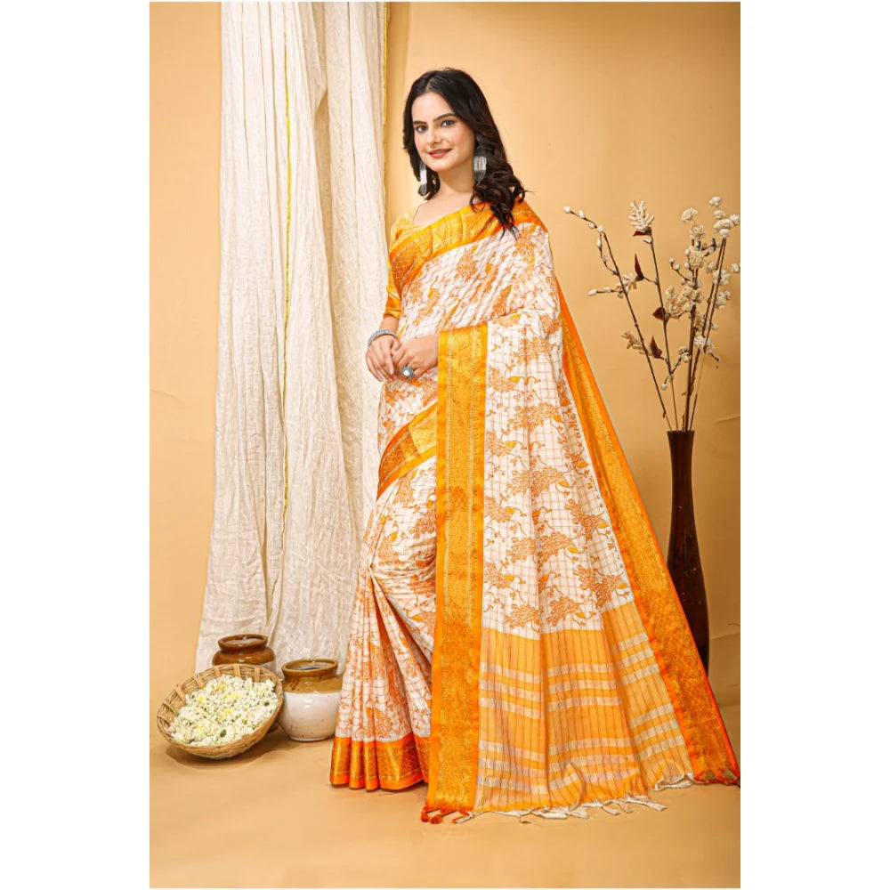 Women's Soft Cotton Silk Printed Saree With Unstitched Blouse 5.5Mtr (Yellow)