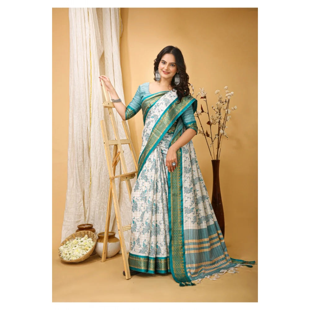 Women's Soft Cotton Silk Printed Saree With Unstitched Blouse 5.5Mtr (Turquoise)