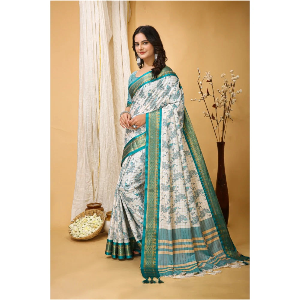 Women's Soft Cotton Silk Printed Saree With Unstitched Blouse 5.5Mtr (Turquoise)