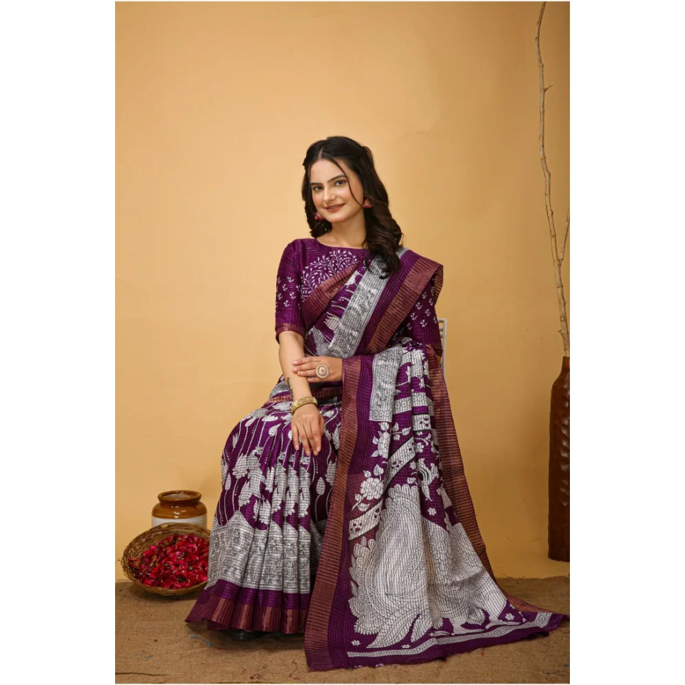 Women's Soft Handloom Cotton Kalamkari Printed Saree With Unstitched Blouse 5.5Mtr (Purple)