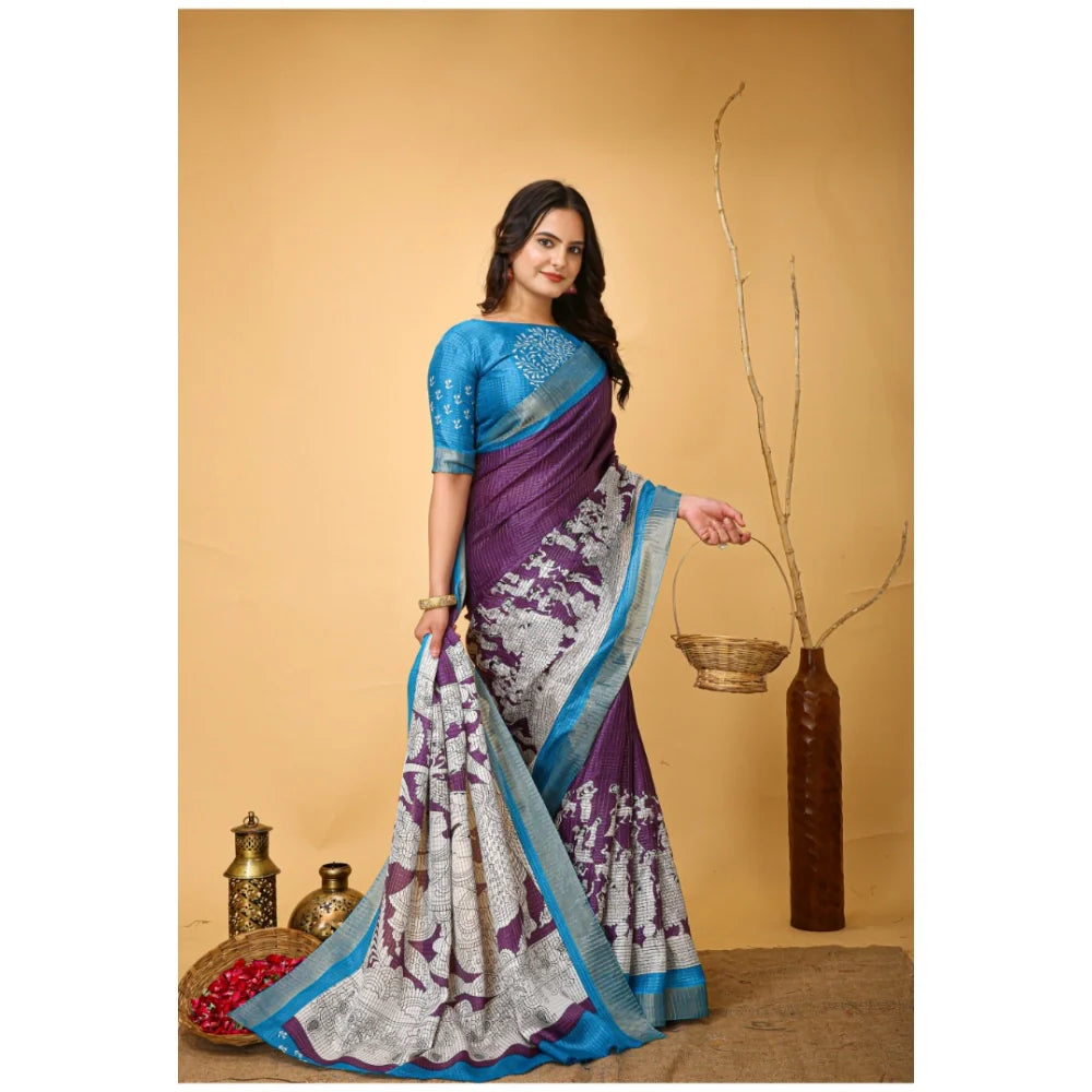 Women's Soft Handloom Cotton Kalamkari Printed Saree With Unstitched Blouse 5.5Mtr (Purple)