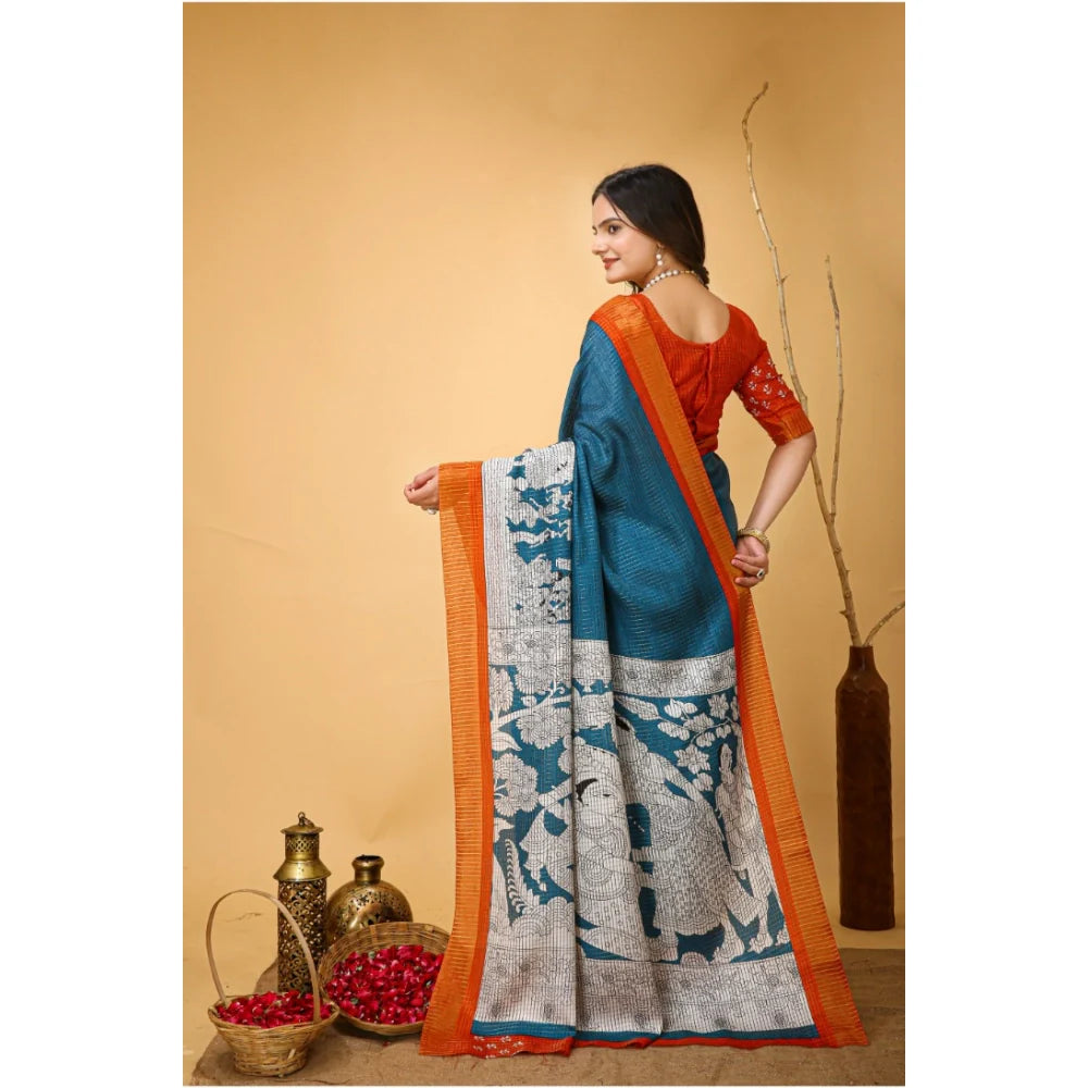 Women's Soft Handloom Cotton Kalamkari Printed Saree With Unstitched Blouse 5.5Mtr (Teal Blue)