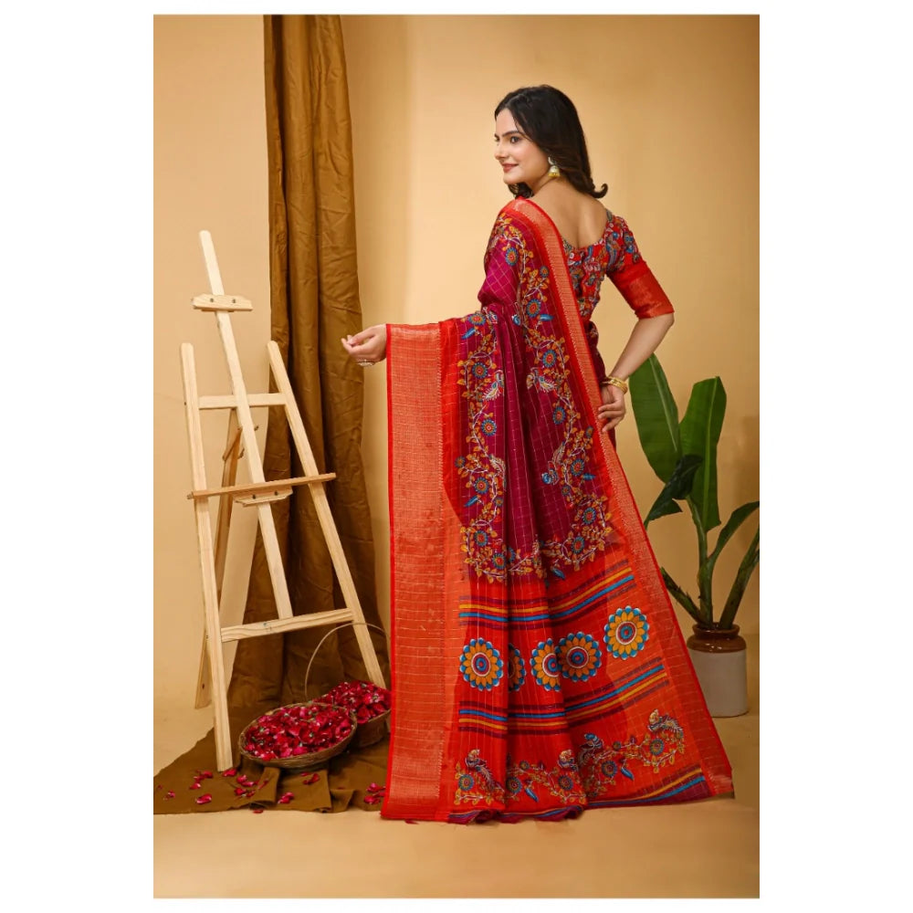Women's Soft Dola Cotton Kalamkari Printed Saree With Unstitched Blouse 5.5Mtr (Maroon)