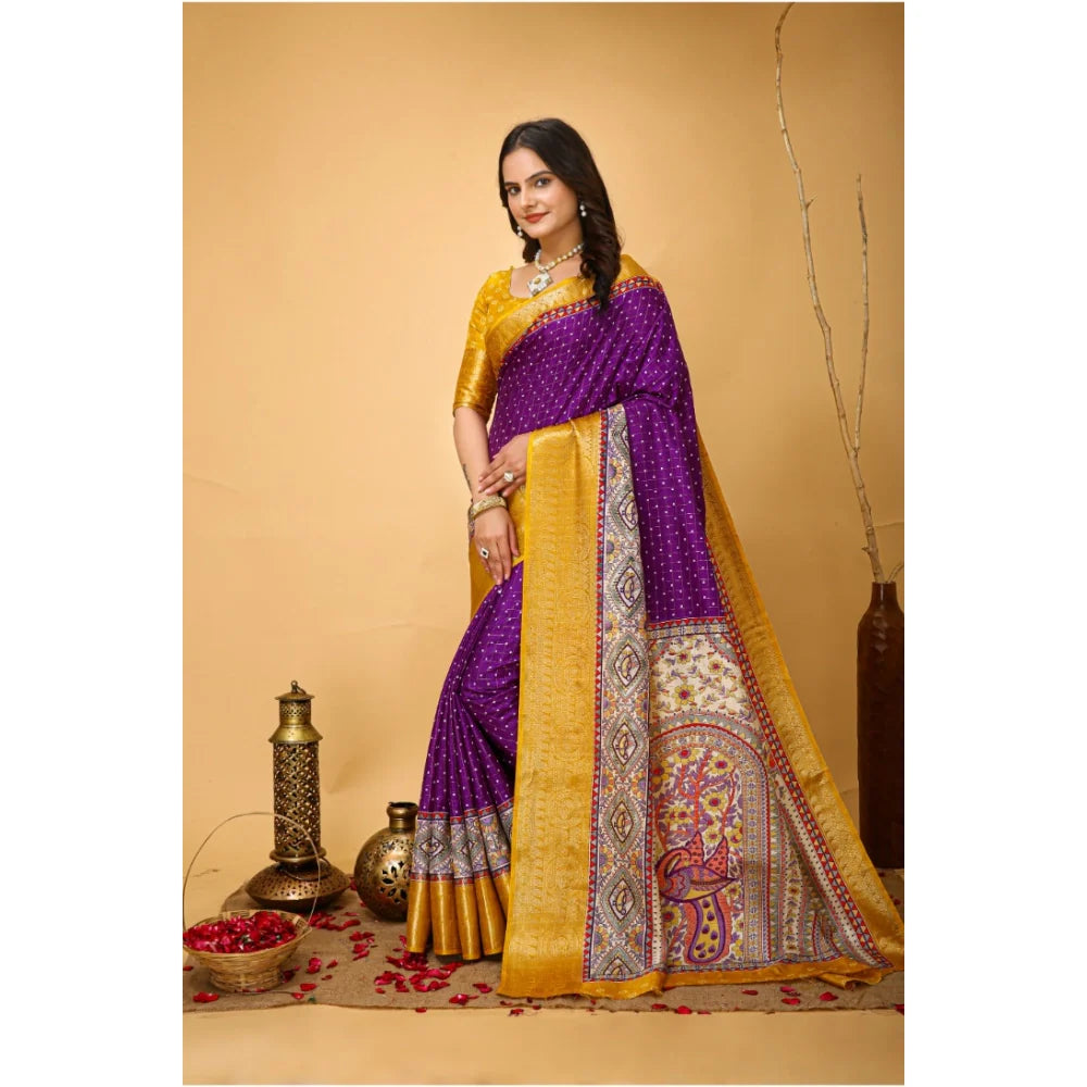 Women's Soft Dola Cotton Kalamkari Printed Saree With Unstitched Blouse 5.5Mtr (Purple)