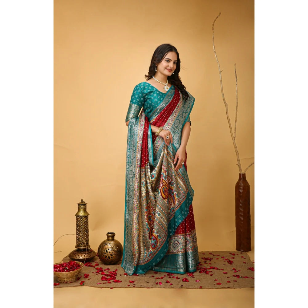 Women's Soft Dola Cotton Kalamkari Printed Saree With Unstitched Blouse 5.5Mtr (Red)