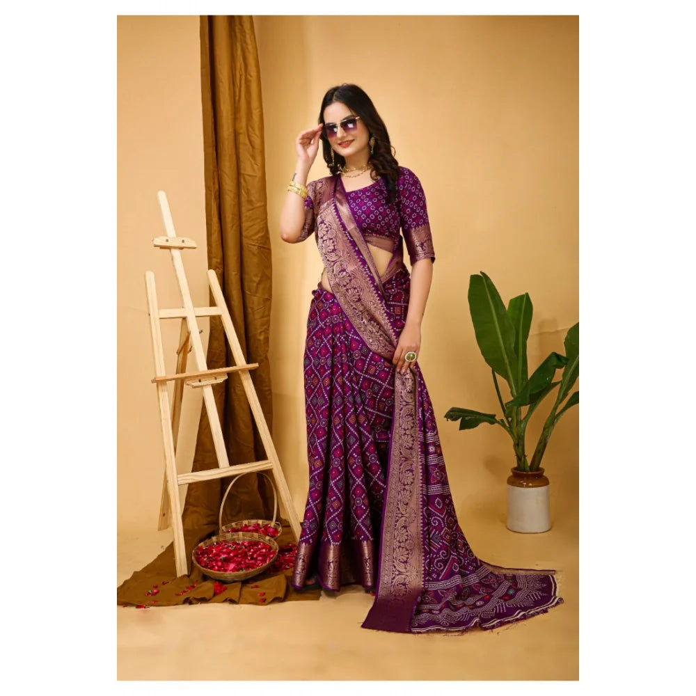 Women's Soft Dola Cotton Kalamkari Printed Saree With Unstitched Blouse 5.5Mtr (Purple)