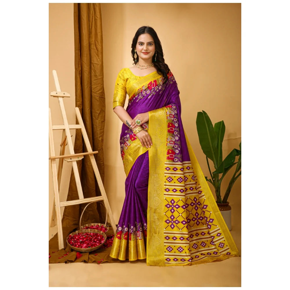 Women's Soft Dola Cotton Kalamkari Printed Saree With Unstitched Blouse 5.5Mtr (Purple)