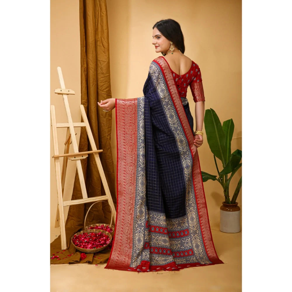 Women's Soft Dola Cotton Kalamkari Printed Saree With Unstitched Blouse 5.5Mtr (Navy Blue)
