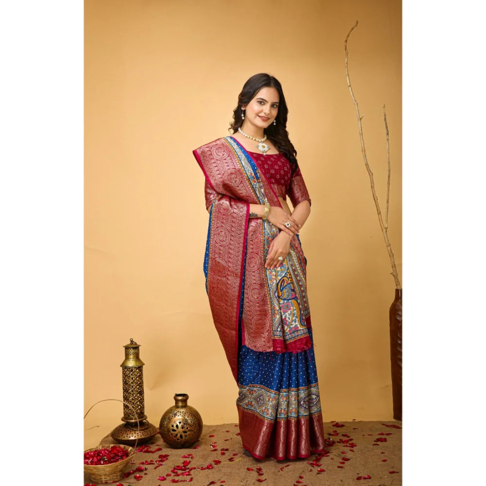 Women's Soft Dola Cotton Kalamkari Printed Saree With Unstitched Blouse 5.5Mtr (Blue)