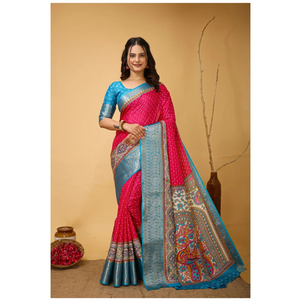 Women's Soft Dola Cotton Kalamkari Printed Saree With Unstitched Blouse 5.5Mtr (Pink)