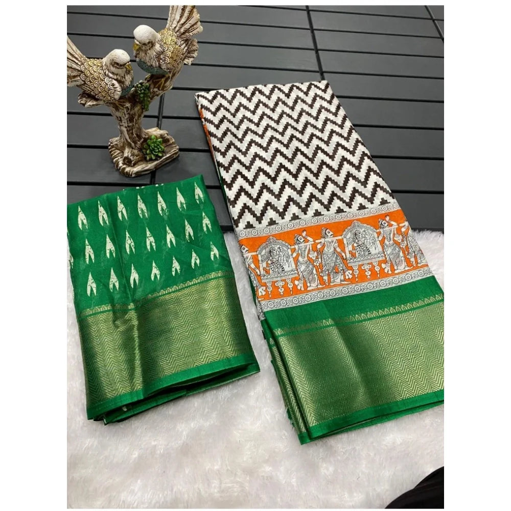 Women's Soft Dola Cotton Kalamkari Printed Saree With Unstitched Blouse 5.5Mtr (Green)