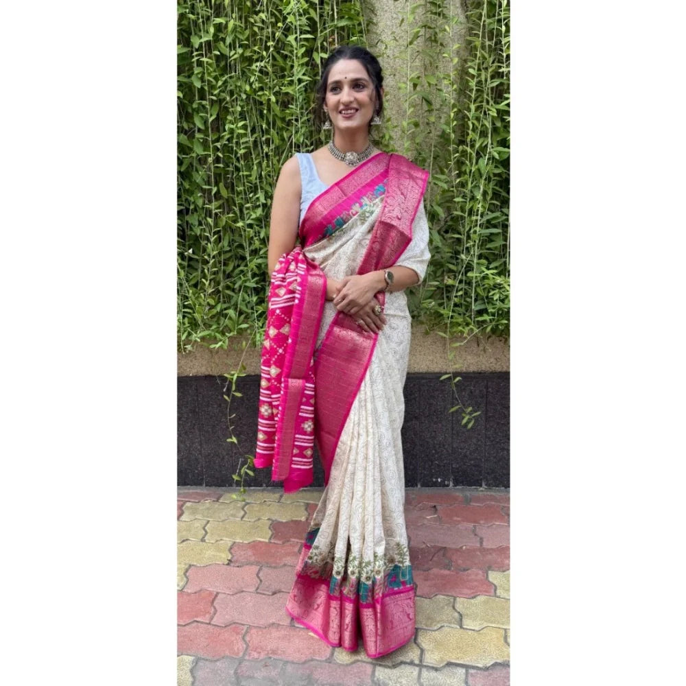 Women's Soft Dola Cotton Kalamkari Printed Saree With Unstitched Blouse 5.5Mtr (White)