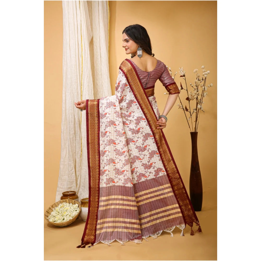Women's Soft Cotton Silk Printed Saree With Unstitched Blouse 5.5Mtr (Maroon)