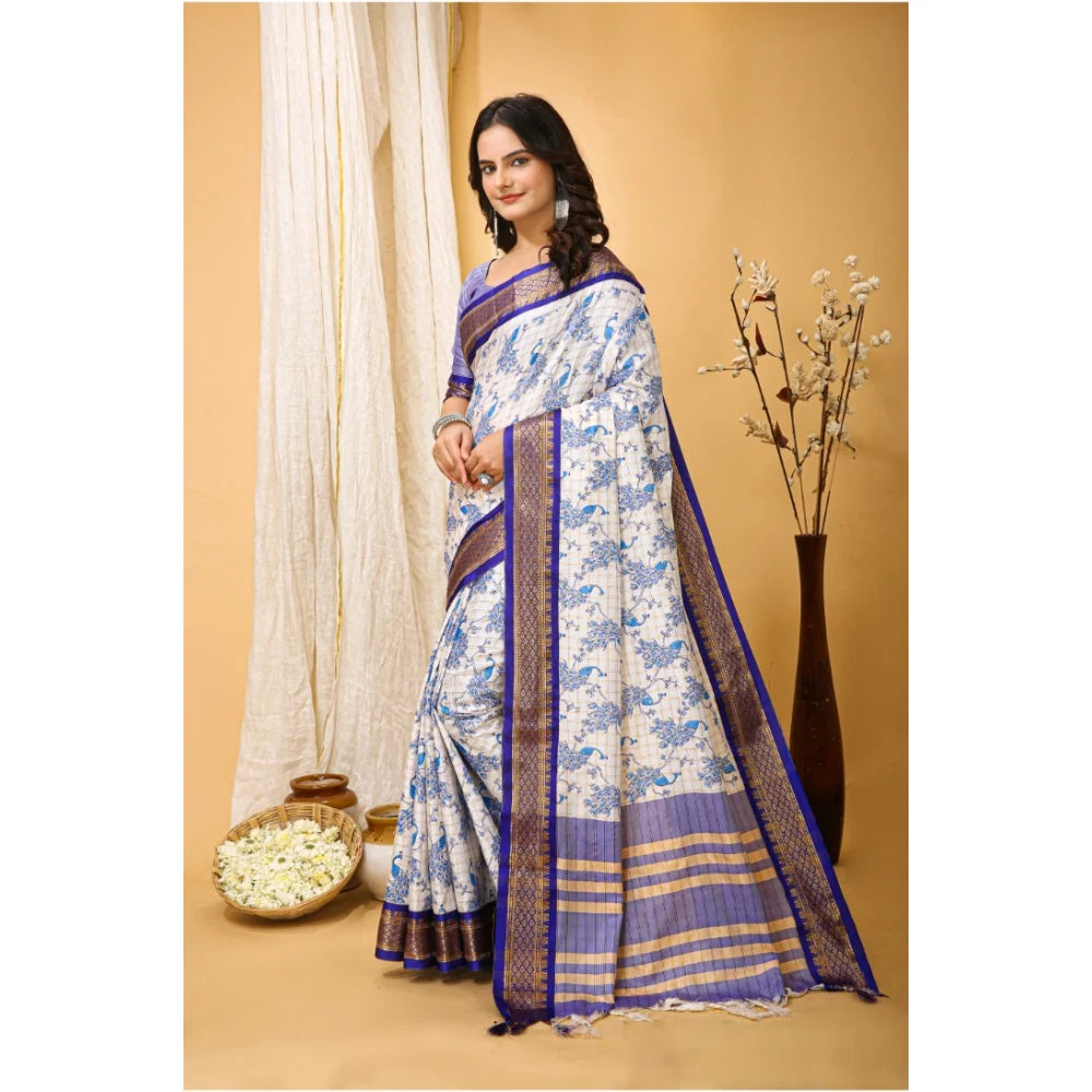 Women's Soft Cotton Silk Printed Saree With Unstitched Blouse 5.5Mtr (Purple)