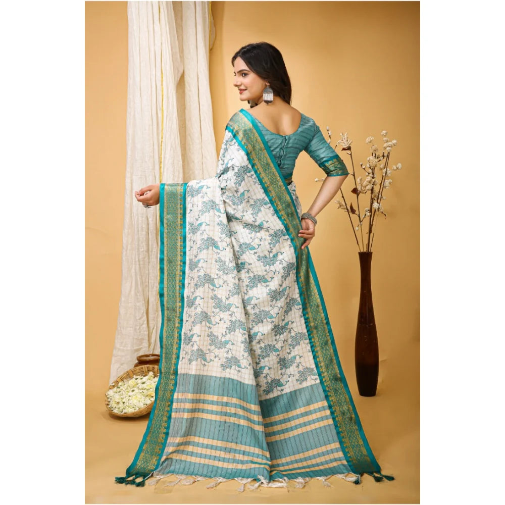Women's Soft Cotton Silk Printed Saree With Unstitched Blouse 5.5Mtr (Turquoise)
