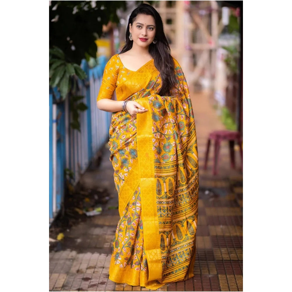 Women's Soft Dola Cotton Kalamkari Printed Saree With Unstitched Blouse 5.5Mtr (Yellow)