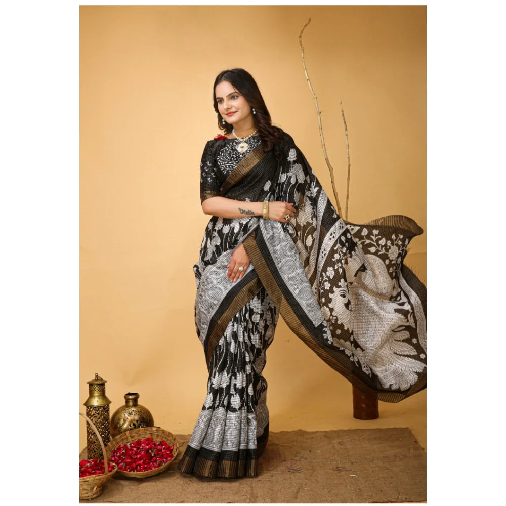 Women's Soft Handloom Cotton Kalamkari Printed Saree With Unstitched Blouse 5.5Mtr (Black)